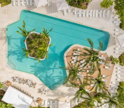 an overhead view of a swimming pool with palm trees at 40th floor lux condo with pool, gym and spa access in Miami