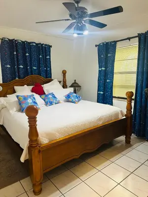 a bedroom with a bed with blue curtains and a ceiling fan at Love Story Pool House, free parking & BBQ in Miami