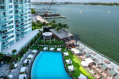 an aerial view of a resort with a swimming pool at 2 King Rooms Mondrian Resort Skyline Bay Balcony in Miami Beach