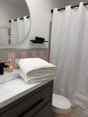 a bathroom with a sink and a toilet and a mirror at Mid-Century with Outdoor Oasis in Fort Lauderdale