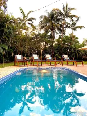 a swimming pool with two deck chairs and palm trees at Fox Island Heated Spa- Downtown & Beach home in Fort Lauderdale