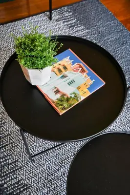 a black table with a potted plant on top of it at Designer 2br, king-size bed, 5mins to the beach J1 in Hollywood
