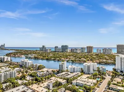 an aerial view of the city and the ocean at Waterfront Luxury Kosher Condo with Rooftop Pool, Bay Harbor Islands in Miami Beach