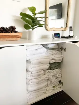 a shelf filled with towels and a plant at Lodgings by Lisa in Cooper City