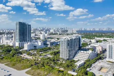 an aerial view of a city with tall buildings at Oceanfront Elegance at W Hotel in Miami Beach