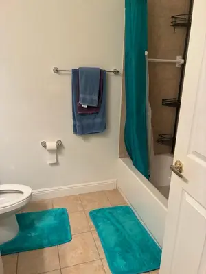 a bathroom with blue rugs on the floor and a shower at Miami Fort Lauderdale Vacation Rooms in Miramar