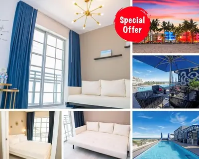 a collage of pictures of a hotel room at Spacious Studio Rooftop Pool & Bar with Ocean View in Miami Beach