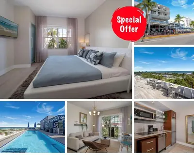 a collage of pictures of a hotel room at The iconic Ocean Drive - 1 BDR - Rooftop Pool and Bar in Miami Beach