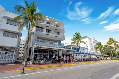 a building with palm trees in front of a street at Ocean Dr 1BR Apt with Rooftop Pool 93 Walk Score in Miami Beach