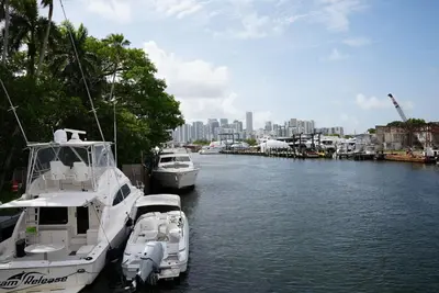 three boats docked in a river with a city in the background at Near Brickell, Beach & Port 10min, Style & Comfort in Miami