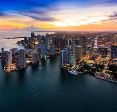an aerial view of a city with a harbor at Newly Renovated Brickell Stay with Views and Amenities in Miami