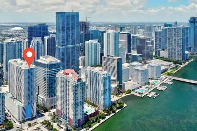 an aerial view of a city with a red marker at Brickell Bay Condo with Views plus Parking Sleeps 6 in Miami