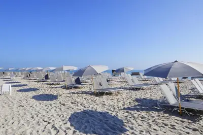 a row of lawn chairs and umbrellas on a beach at Fontainebleau Sorrento Jr suite in Miami Beach