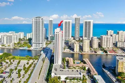 an aerial view of a city with the ocean at 1 BR Full Kitchen- Pool Gym Beach 29th floor in Hallandale Beach