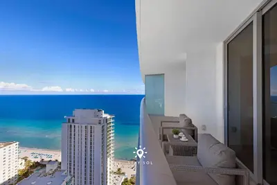 a view of the ocean from the balcony of a building at Beautiful 1BR Apartment with Ocean View Balcony in Hollywood
