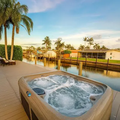 a jacuzzi tub on the deck of a house at Waterfront HotTub Steps from the Airport Boat Slip in Dania Beach