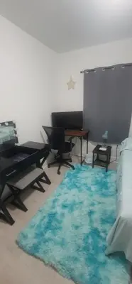 a living room with a blue rug on the floor at Nassau Homestay in Opa-locka