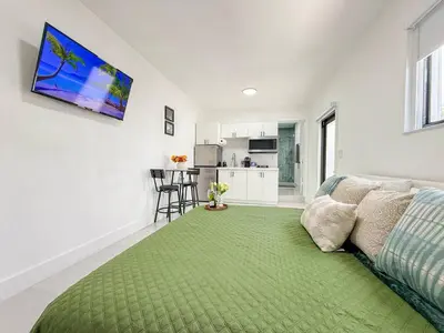 a living room with a couch and a green rug at Luxury Suite Studio with Kitchen & Spa Shower in Miramar