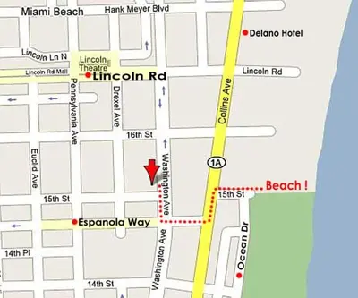 a map with a red arrow pointing to a beach at Best Location In South Beach Steps To Everything! in Miami Beach