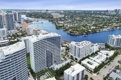 an aerial view of a city with a river and buildings at 2BR W Residence 18th Floor, Ocean, Inter-coastal, & City Views in Fort Lauderdale