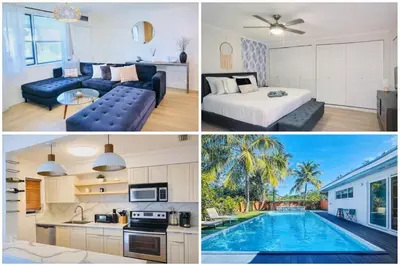 a collage of photos of a hotel room with a pool at Modern Boho 3BR Duplex Escape with Pool & King Bed Near Beach in Fort Lauderdale
