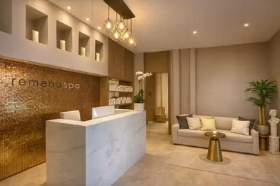 a lobby with a reception desk in a building at Lyfe Resort l Ocean Pool View Gym, Beach Access in Hollywood