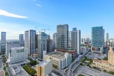 an aerial view of a city with tall buildings at Downtown Luxe Studio Miami Skyline Retreat in Miami