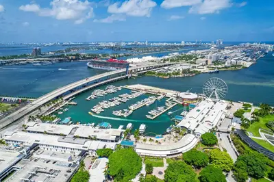 an aerial view of a marina with boats in the water at Downtown Luxe Studio Miami Skyline Retreat in Miami