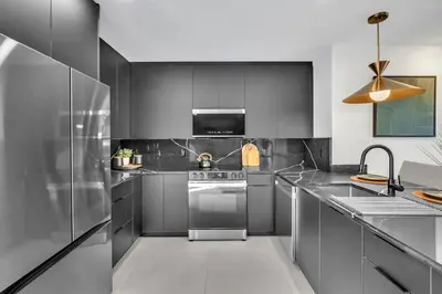 a kitchen with black cabinets and stainless steel appliances at Buena Vista Oasis - 3BR Home Near Art District Family in Miami