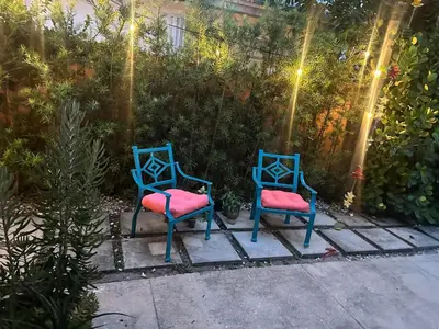 two blue chairs with pink cushions sitting in a garden at The Hollywood Beach Experience in Hollywood