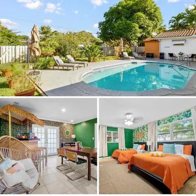a collage of pictures of a house with a swimming pool at Large 12 Guest Home w Pool, Hollywood FL in Hollywood