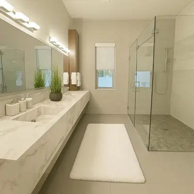 a bathroom with two sinks and a glass shower at Lux Villa Sol in Miami