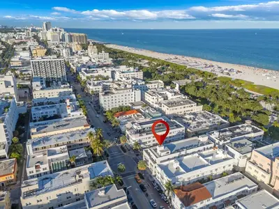 an aerial view of a city and the beach at 1 BLOCK FROM OCEAN 1 Bedroom in South Beach Collins Avenue in Miami Beach