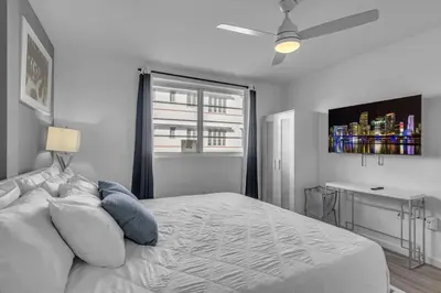 a bedroom with a bed and a desk and a window at 1 BLOCK FROM OCEAN 1 Bedroom in South Beach Collins Avenue in Miami Beach