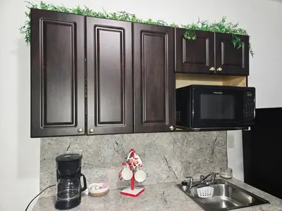a kitchen counter with a microwave and a sink at Miami Mini Escape 5 minutes from the airport in Miami