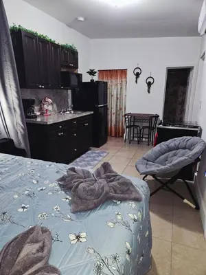 a living room with a bed and a kitchen at Miami Mini Escape 5 minutes from the airport in Miami