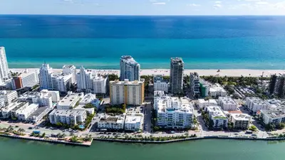 an aerial view of a city and the ocean at Art Deco Escape Steps to Ocean & Free Parking in Miami Beach