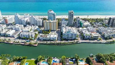 an aerial view of a city and the ocean at Art Deco Escape Steps to Ocean & Free Parking in Miami Beach