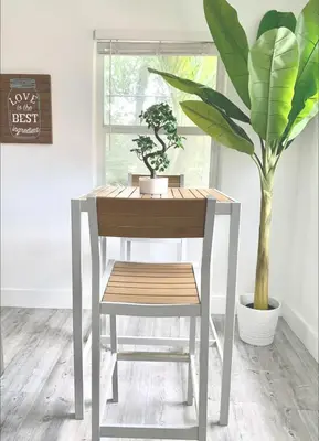 a table and a chair with a potted plant at B10 7 MIN FROM MIAMI BEACH, 1 Bed Apartment, Design District & Wynwood in Miami