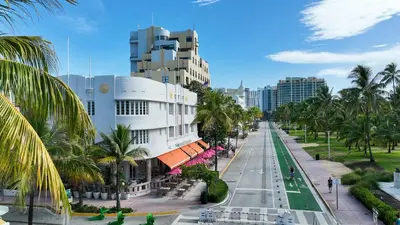 a city street with palm trees and a white building at Cardozo Hotel in Miami Beach