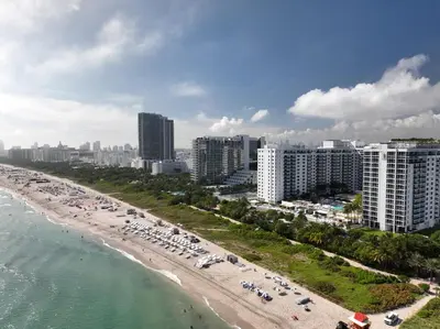 an aerial view of a beach and buildings at South Beach Luxury 2 Bedroom Condo on the Ocean in Miami Beach