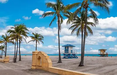 a beach with palm trees and a house on the beach at Private Studio with Patio-King Bed, Near Beach & Casinos in Hollywood