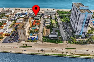 an aerial view of a city with a red marker at Santorini Blu Boutique Beach Studio Steps to Ocean in Hollywood