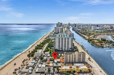 an aerial view of a beach with a red marker at Santorini Blu Spacious 2BR Beachfront Suite in Hollywood