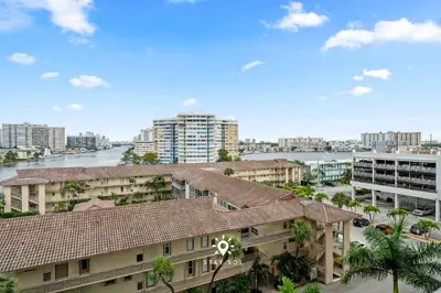 arial view of a city with a river and buildings at Cozy studio near beach Nice views in Hallandale Beach
