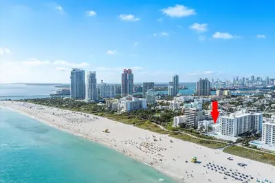 an aerial view of a beach and the ocean at Cozy Miami Beach Apartment walking distance to Beach and Ocean in Miami Beach