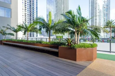 a boardwalk with palm trees and buildings in a city at 2105 Modern studio with Balcony a Pool and a 24 hour Gym in Downtown Miami in Miami