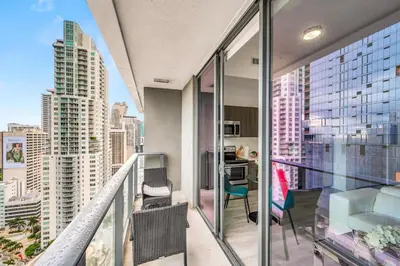 an apartment balcony with a view of a city at Bay Views Studio in Miami