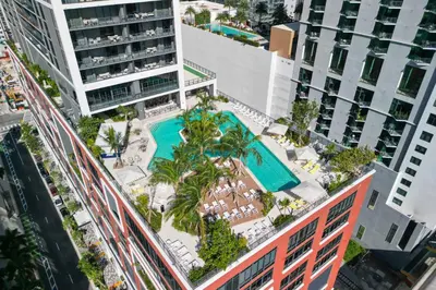 an aerial view of a building with a swimming pool at 3512 Elegant Studio in Miami Downtown with a Pool and a 24-7 Gym in Miami