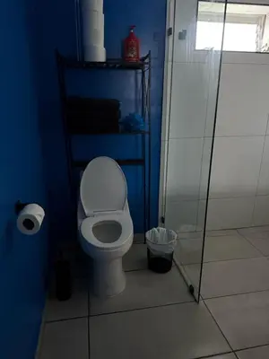 a blue bathroom with a toilet and a shower at paradise in North Miami Beach